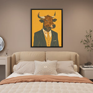 a picture of a bull in a suit on a wall above a bed