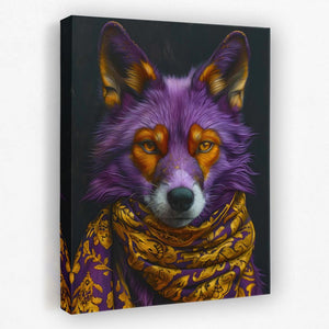 a painting of a purple fox wearing a scarf