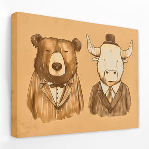 a painting of two animals wearing suits and hats