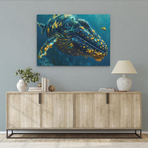 a painting of a humpback whale swimming in the ocean