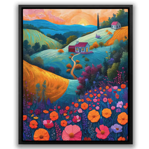 a painting of a rural landscape with flowers