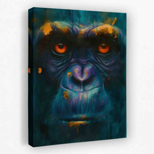 a painting of a gorilla with orange eyes