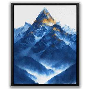 a painting of a mountain range in blue and gold