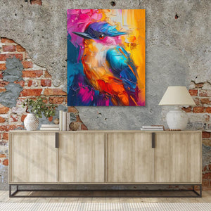 a painting of a colorful bird on a brick wall