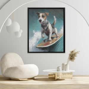 a painting of a dog riding a surfboard