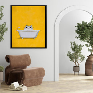 a cat sitting in a bathtub with a yellow background