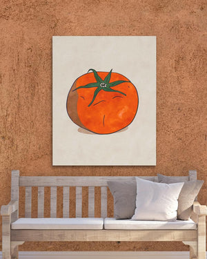 a painting of a tomato hanging on a wall