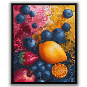 a painting of blueberries, oranges, and strawberries