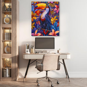 a painting of a toucan on a wall above a desk