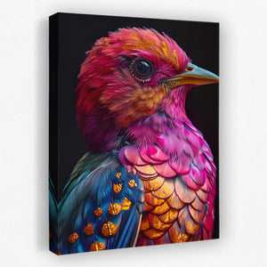 a painting of a colorful bird on a black background