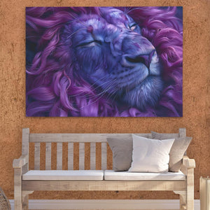 a painting of a lion with purple hair