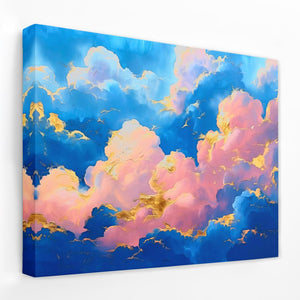 a painting of pink and blue clouds on a white wall