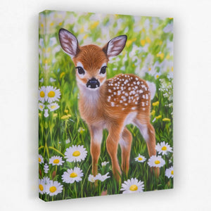 a painting of a baby deer standing in a field of daisies