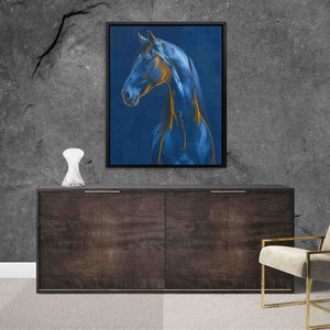 a painting of a blue horse on a wall