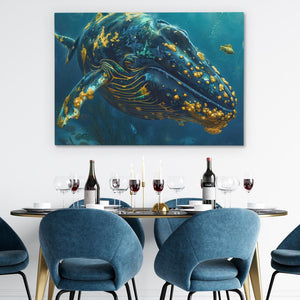 a dining room table with blue chairs and a painting of a humpback whale