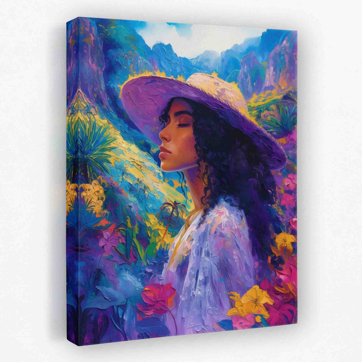 a painting of a woman wearing a purple hat