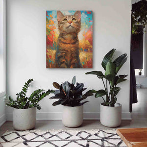 a painting of a cat sitting on a wall next to potted plants