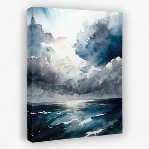 a painting of a cloudy sky over the ocean