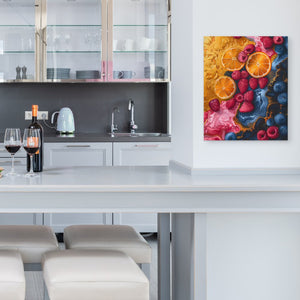 a kitchen with a white counter top and a painting on the wall