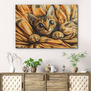 a painting of a cat peeking out from under a blanket