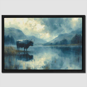 a painting of a bull standing in a lake