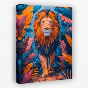 a painting of a lion walking through a jungle