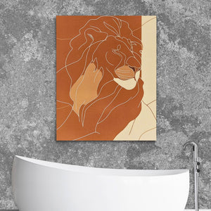 a painting of a lion on a wall above a bathtub