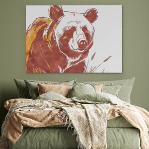 a painting of a bear on a wall above a bed