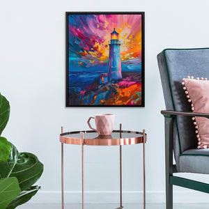 a painting of a lighthouse on a wall next to a chair