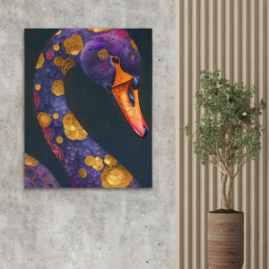 a painting of a purple and orange swan