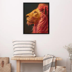 a painting of a lion on a wall above a bench