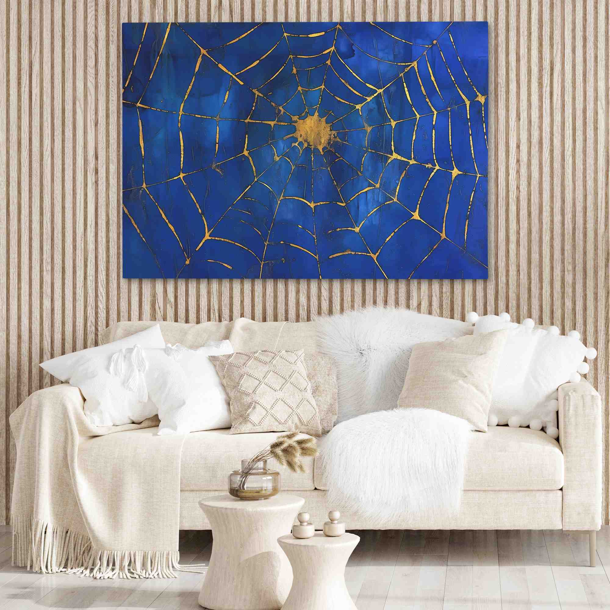 a painting of a spider web on a blue background