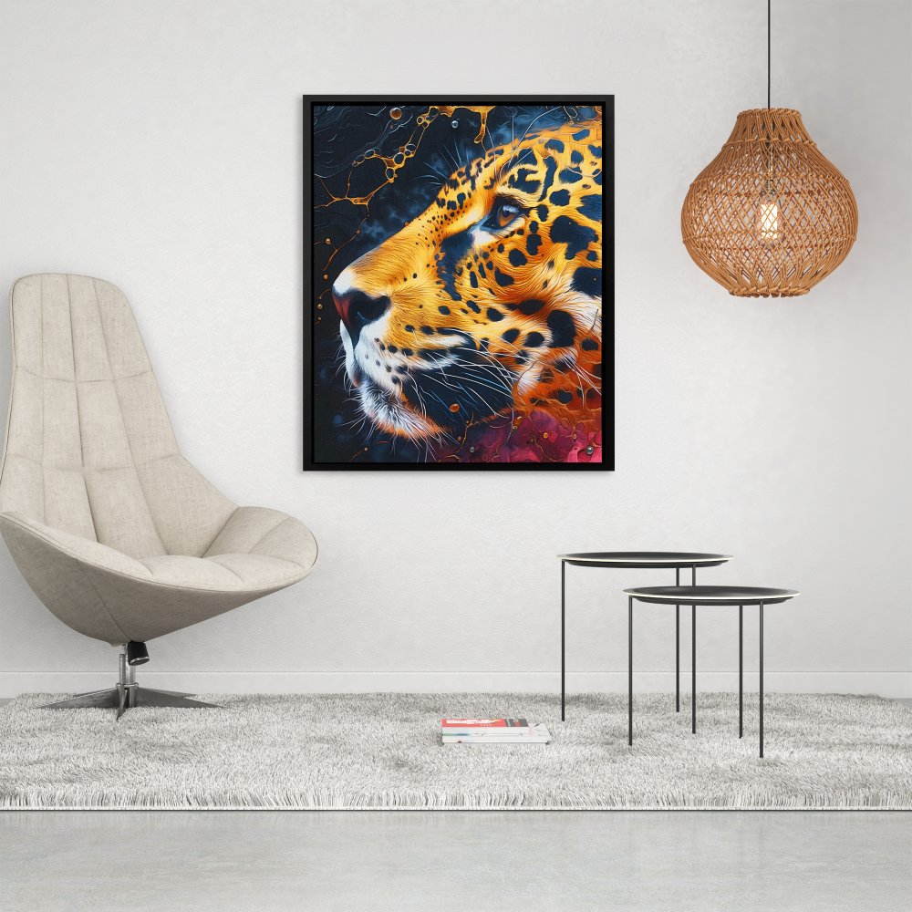 a painting of a leopard's face on a black background