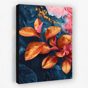 a painting of orange leaves on a blue background