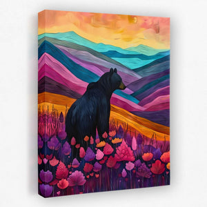 a painting of a bear in a field of flowers