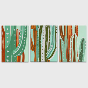 a set of three paintings of cactus plants