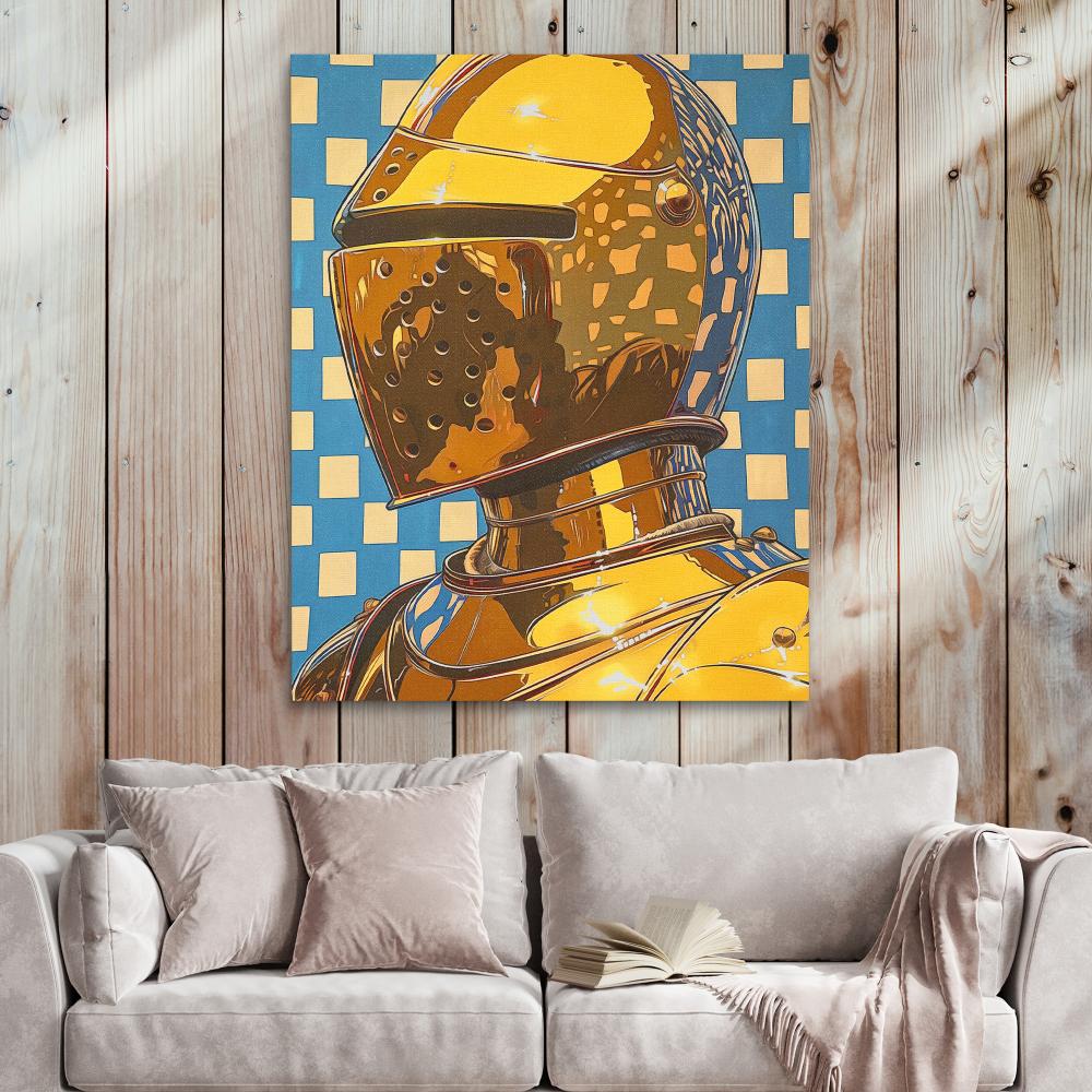 a painting of a man in a yellow helmet