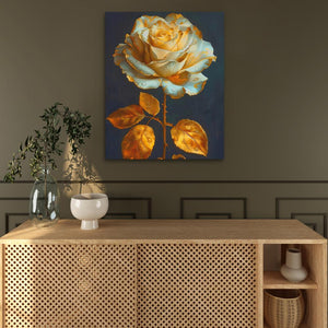 a painting of a yellow rose on a blue background