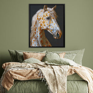 a bed with a green comforter and a painting of a horse on the wall