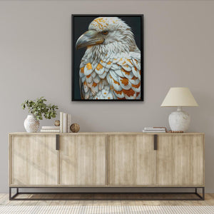 a painting of a bird on a wall above a dresser