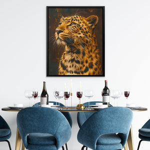 a painting of a leopard on a wall above a dining room table