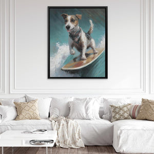 a painting of a dog riding a surfboard