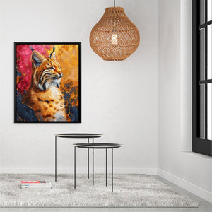 a painting of a tiger on a wall next to a table