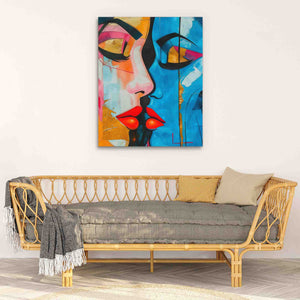 a living room with a couch and a painting on the wall