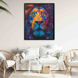 a living room with a white couch and a painting of a lion