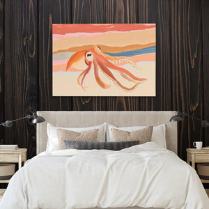 a bed with a white comforter and a painting on the wall