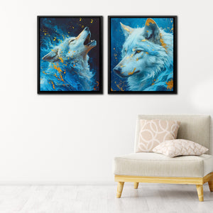 two paintings of two white wolfs on a white wall