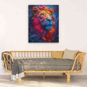 a painting of a lion on a wall above a couch