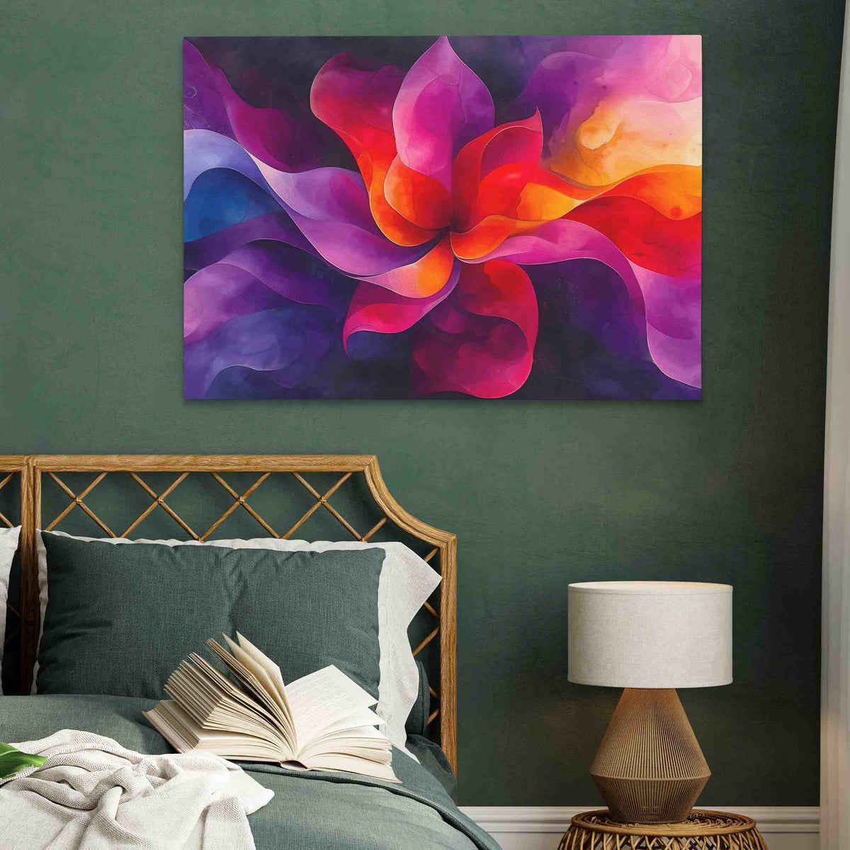 a painting on a wall above a bed