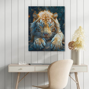 a painting of a tiger resting on a desk